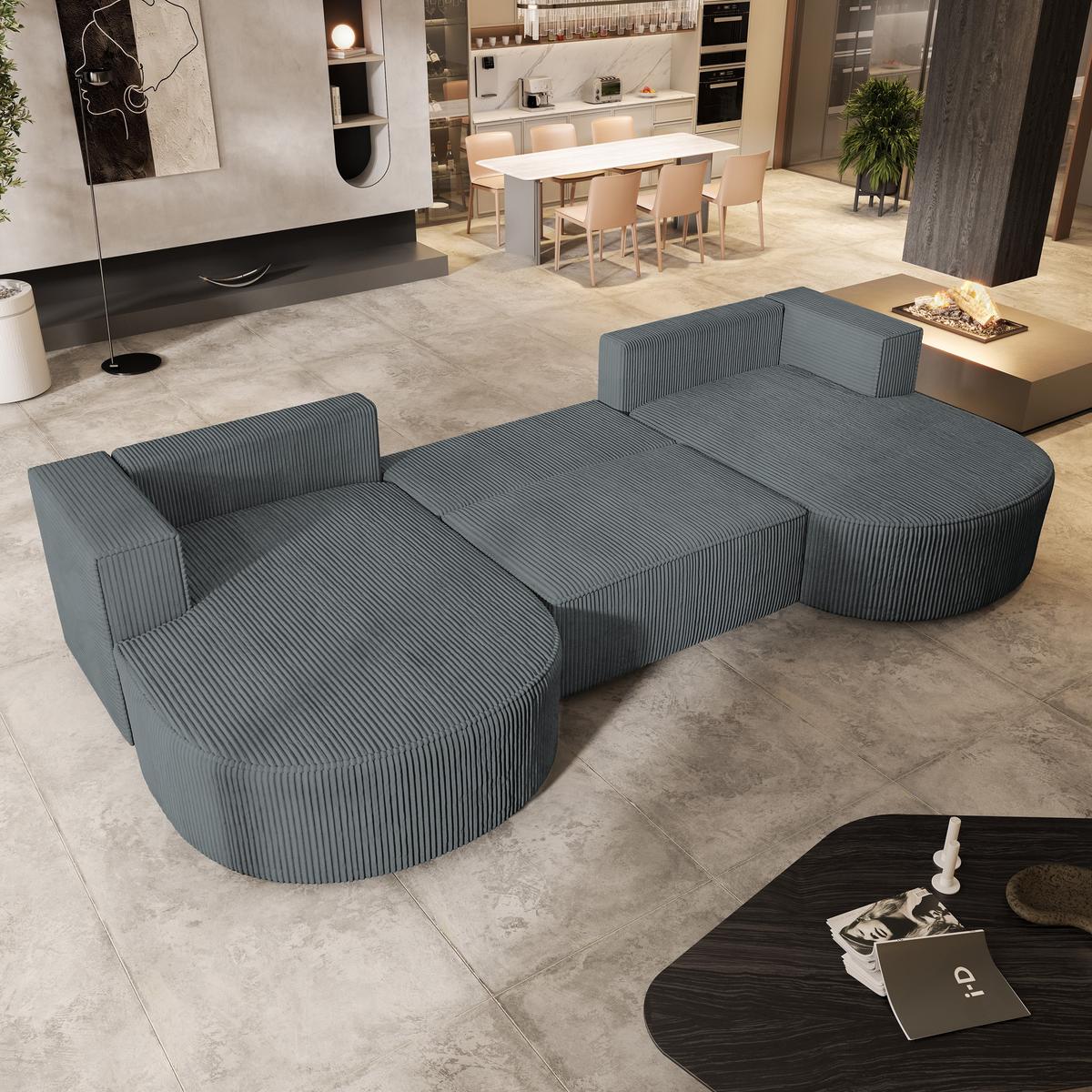 WOHNLANDSCHAFT VEZZO P Grau Kordstoff mit Schlaffunktion - Grau, Holz/Kunststoff (347/85/174cm) - MASSENO