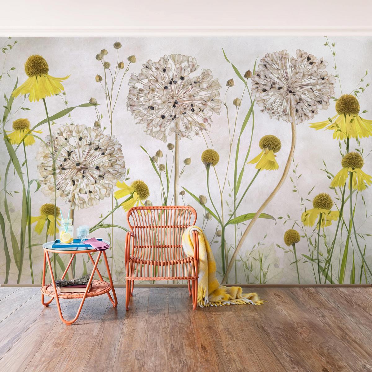 FOTOTAPETE Allium und Helenium Illustration 336/225 cm - Eichefarben, Papier (336/225cm) - Bilderwelten