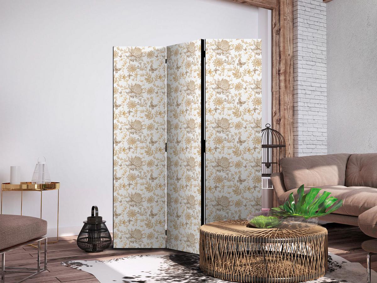 PARAVENT Einseitig Bedruckter 3-tlg 135x172 cm Chrysanthemen und Schmetterlinge - Beige, Holz/Textil (135/172/3cm) - Muralo