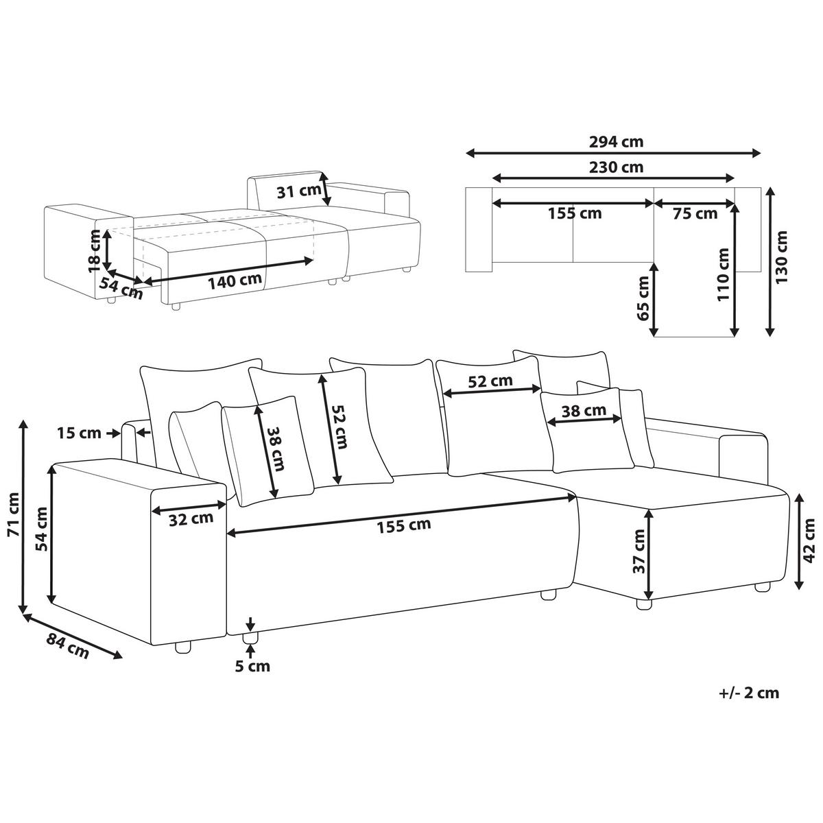 3-SITZER-ECKSOFA hellgrau rechtsseitig mit Schlaffunktion Stauraum Luspa - Schwarz/Grau, Textil (294/130cm) - Beliani