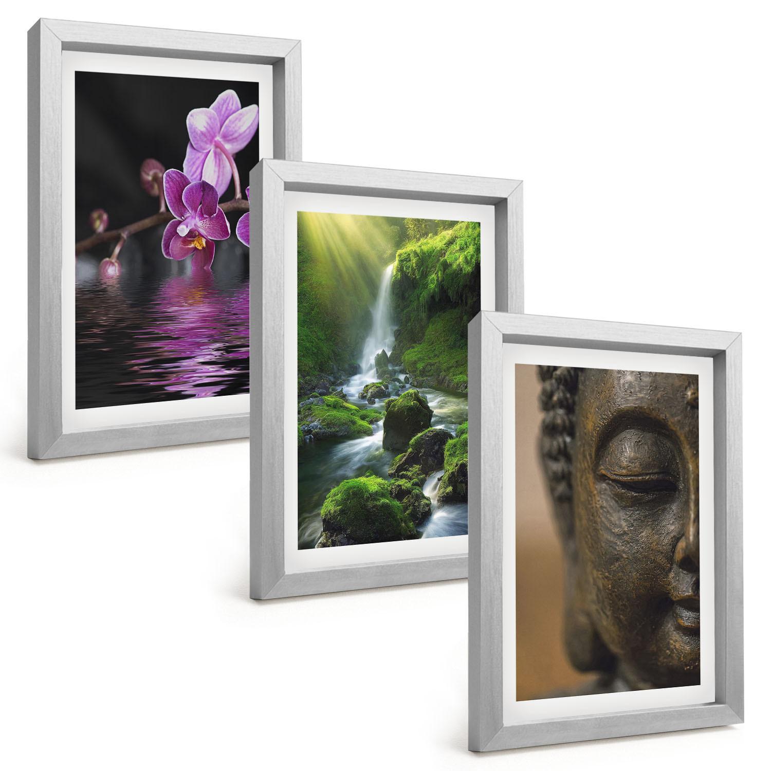 BILDER SET 3er Set - 20x30 cm Silberner Rahmen - Blumen, Wasserfall, Buddha-Felsen, Zen - Silberfarben, Kunststoff (20/30cm) - TULUP