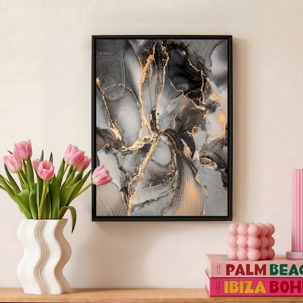 LEINWAND Bilder mit Rahmen - Grau - Luxus - Gold - Marmor - 30x40 - Dunkelgrau, Textil (30/40cm) - MuchoWow