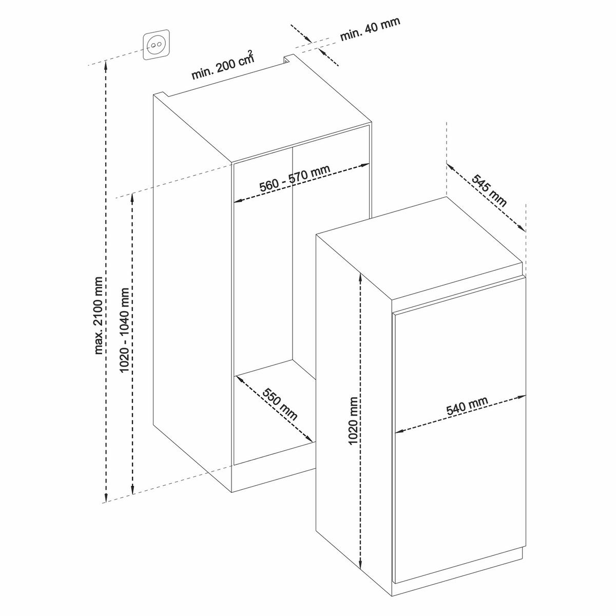 KÜHLSCHRANK Einbau, mit Gefrierfach, 102cm Nische, Schlepptür-Technik, 139 Liter Nutzinhalt - Weiß, Glas/Kunststoff (54/102/54.5cm) - Telefunken