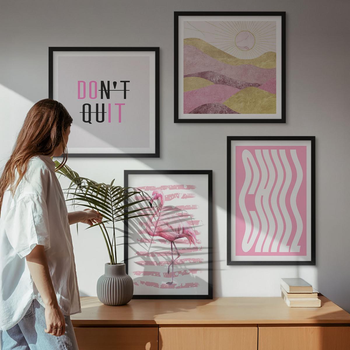 BILDER SET 4er Set - 50x50 cm & 40x60 cm Schwarzer Rahmen - Pastellfarbene Berglandschaft mit rosa Flamingos - Schwarz, Kunststoff (50/50cm) - TULUP