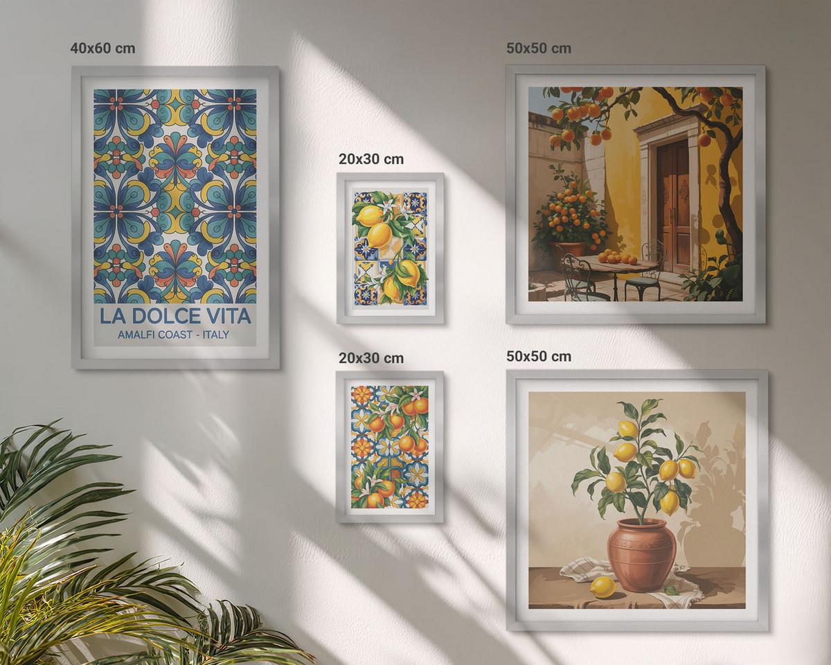 BILDER SET 5er Set - 50x50 cm & 20x30 cm & 40x60 cm Silberner Rahmen - Zitronen, Blumen, Orangen, Italien - Silberfarben, Kunststoff (40/60cm) - TULUP