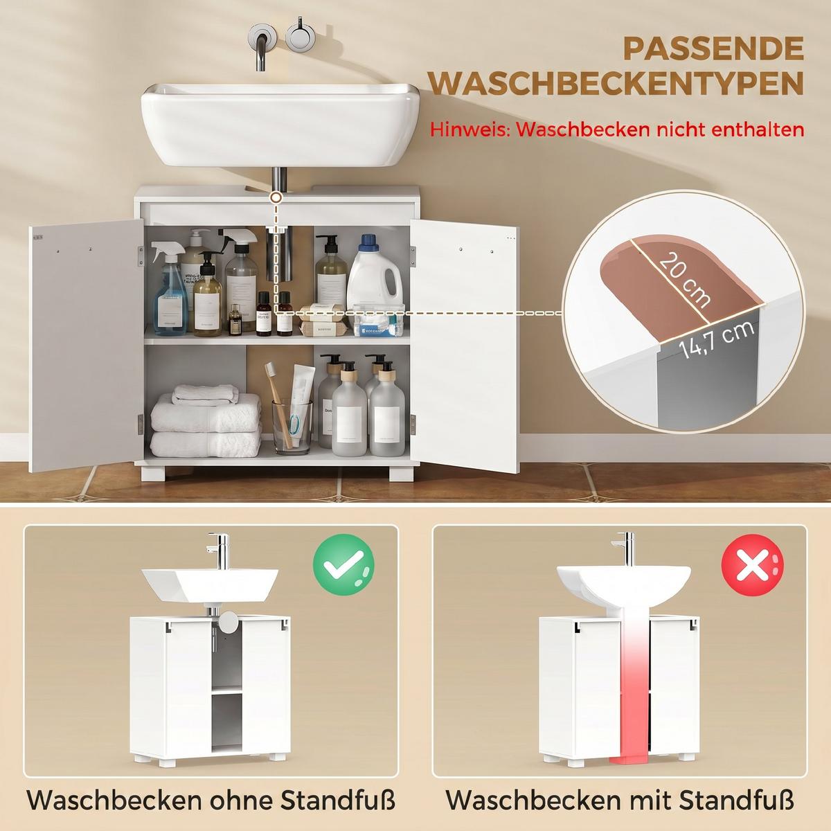 WASCHBECKENUNTERSCHRANK MDF Weiß - Silberfarben/Weiß, Holzwerkstoff/Metall (30/60/60cm) - HOMCOM