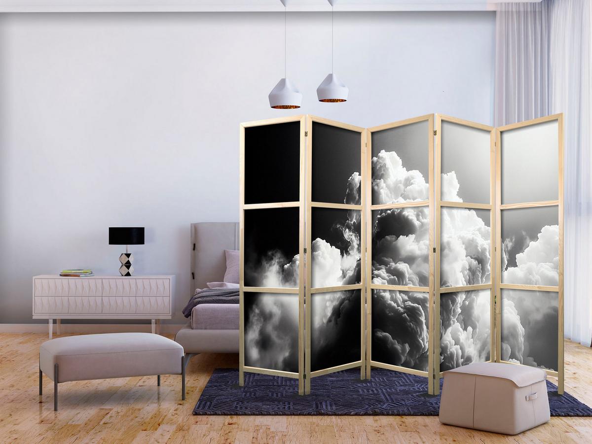 PARAVENT Japanischer 5-tlg 225x172 cm Schwarz-Wei e Wolken - Schwarz, Holz/Textil (225/172/3cm) - Muralo