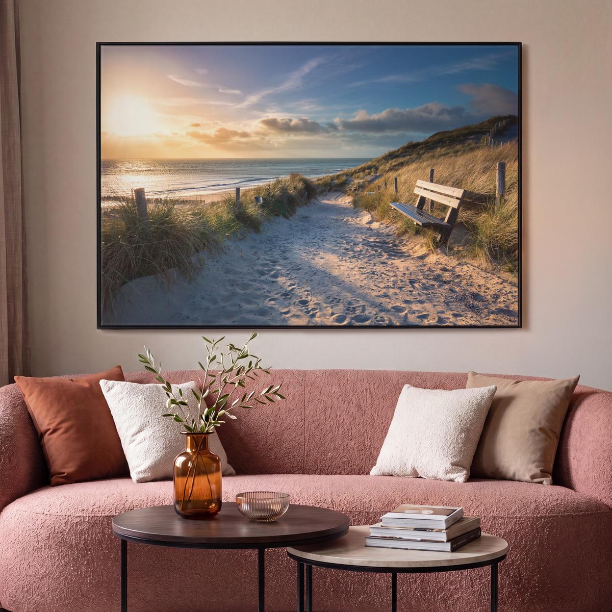 LEINWAND Bilder mit Rahmen - Sonnenuntergang - Strand - Düne - Gras - Ufer - 120x80 - Sandfarben, Textil (120/80cm) - MuchoWow