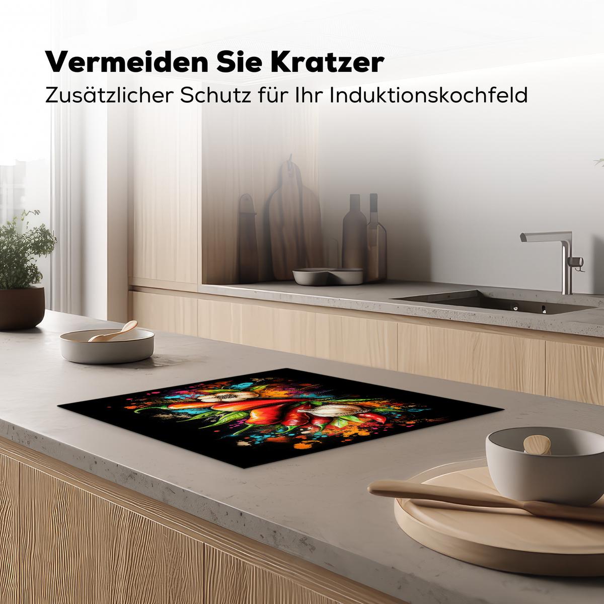 HERDABDECKPLATTE Gemüse - Paprika - Knoblauch - Graffiti - Farbe - Bunt Ceranfeldabdeckung 59x52 cm - Rot, Kunststoff (59/52/0.2cm) - MuchoWow