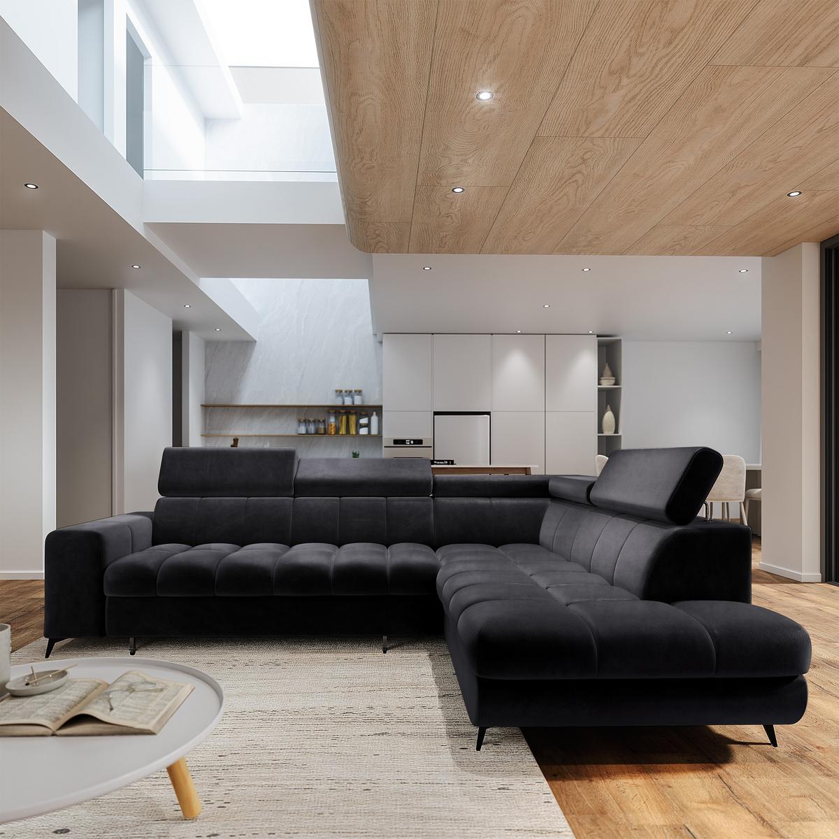 ECKSOFA MORIVA R-S Schwarz Velours-Stoff mit Schlaffunktion - Schwarz, Holz (253/190cm) - MASSENO