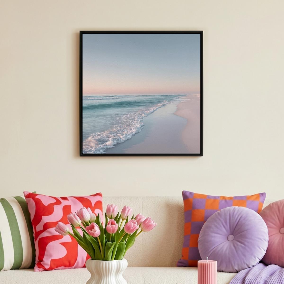 LEINWAND Bilder mit Rahmen - Küstenlinie - Pastell - Wasser - 50x50 - Pastellblau, Textil (50/50cm) - MuchoWow