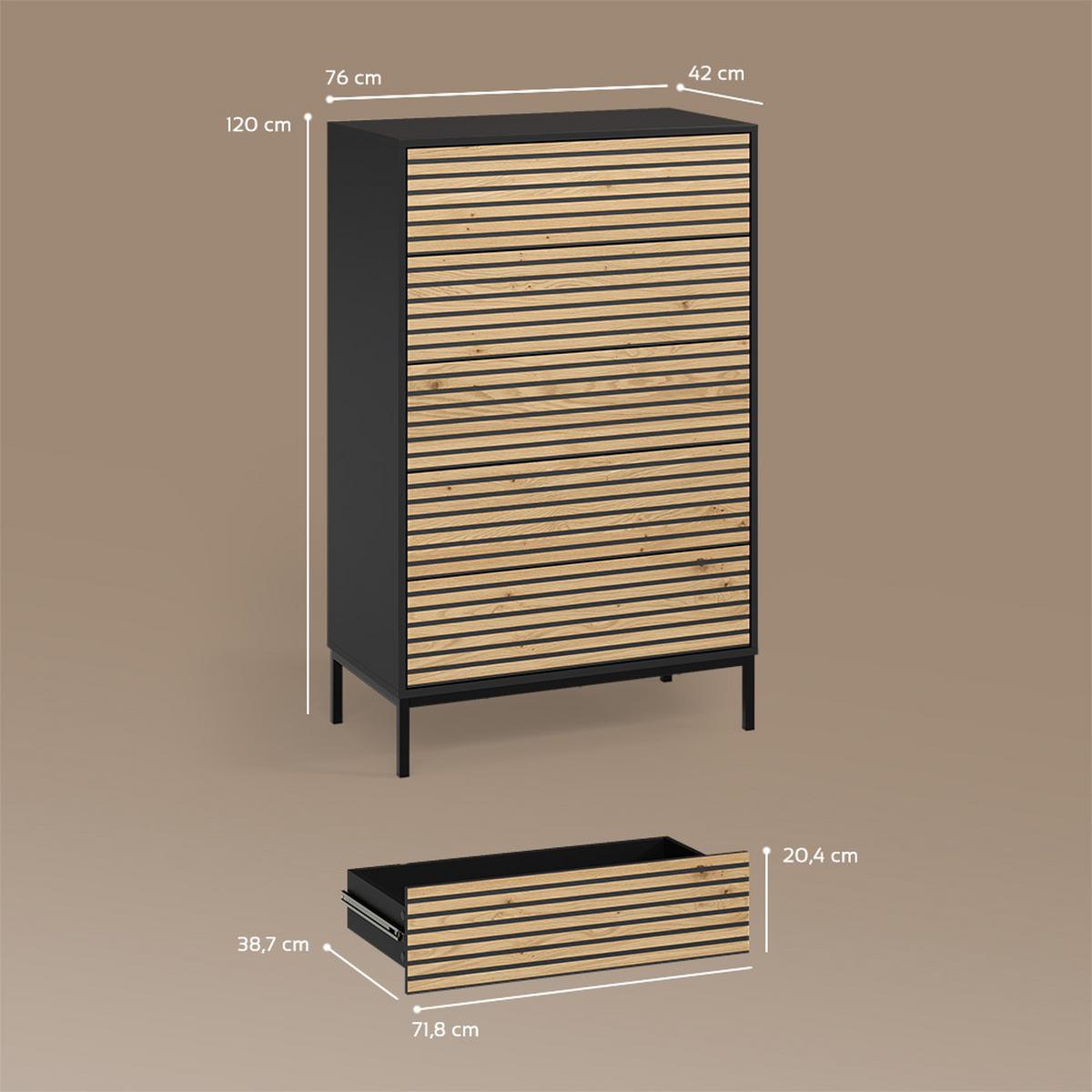 KOMMODE Aterno Goldkraft Eiche/Anthrazit 76 x 120 cm mit 5 Schubladen - Honigeiche/Anthrazit, Holzwerkstoff (76/120/40cm) - Livinity®