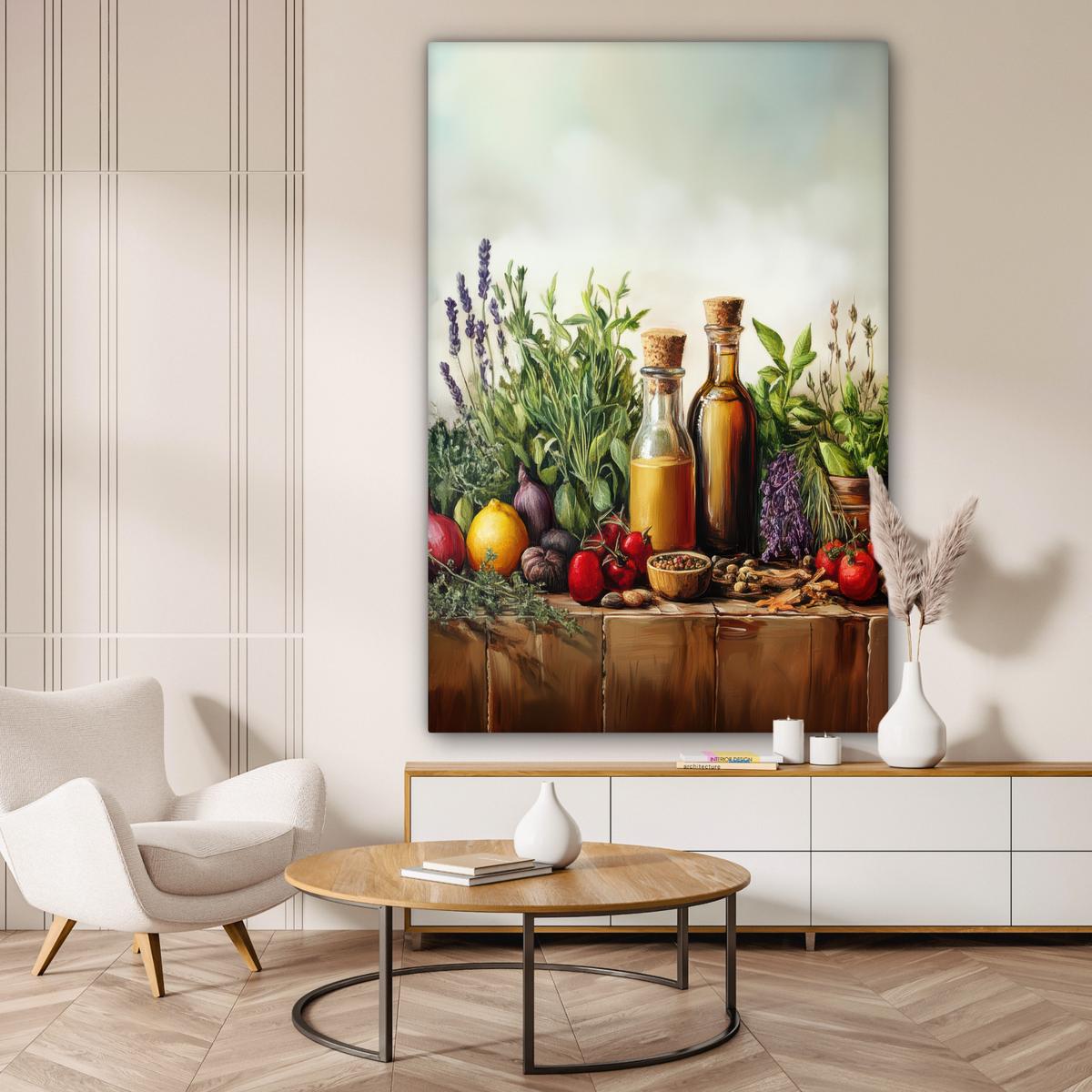 LEINWANDBILD Stilleben - Kräuter - Gewürze - Früchte - Farbenfroh Deko Groß 90x140 cm - Grün, Textil (90/140cm) - MuchoWow