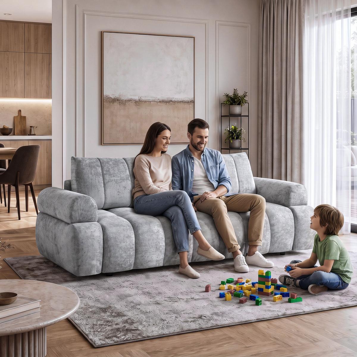 SCHLAFSOFA Mavi 3-Sitzer mit Schlaffunktion, Bettsofa Schlafcouch 195x145 cm, Hellgrau - Hellgrau, Textil (255/100/110cm) - Beautysofa