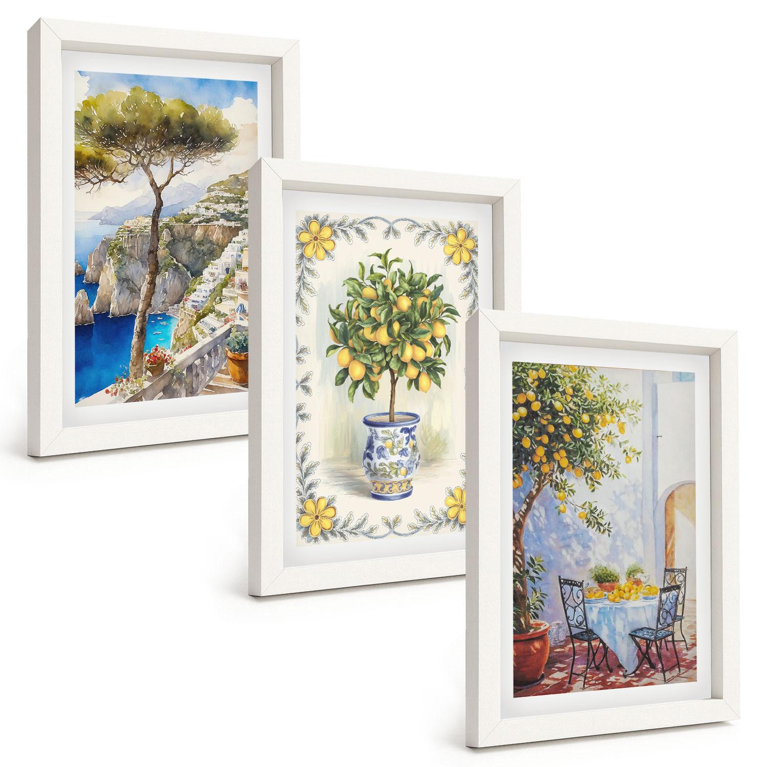 BILDER SET 3er Set - 20x30 cm Weißer Rahmen - Blick auf das Meer aus Zitronenbäumen - Weiß, Kunststoff (20/30cm) - TULUP