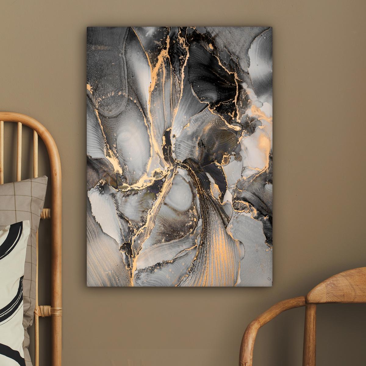 LEINWANDBILD Grau - Luxus - Gold - Marmor Wandbild Wohnzimmer 60x80 cm - Dunkelgrau, Textil (60/80cm) - MuchoWow