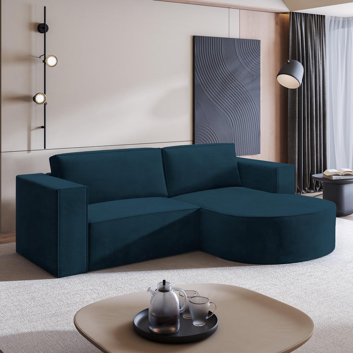 ECKSOFA SORELA M R-S Blau Velours-Stoff mit Schlaffunktion - Blau, Holz (263/174cm) - MASSENO