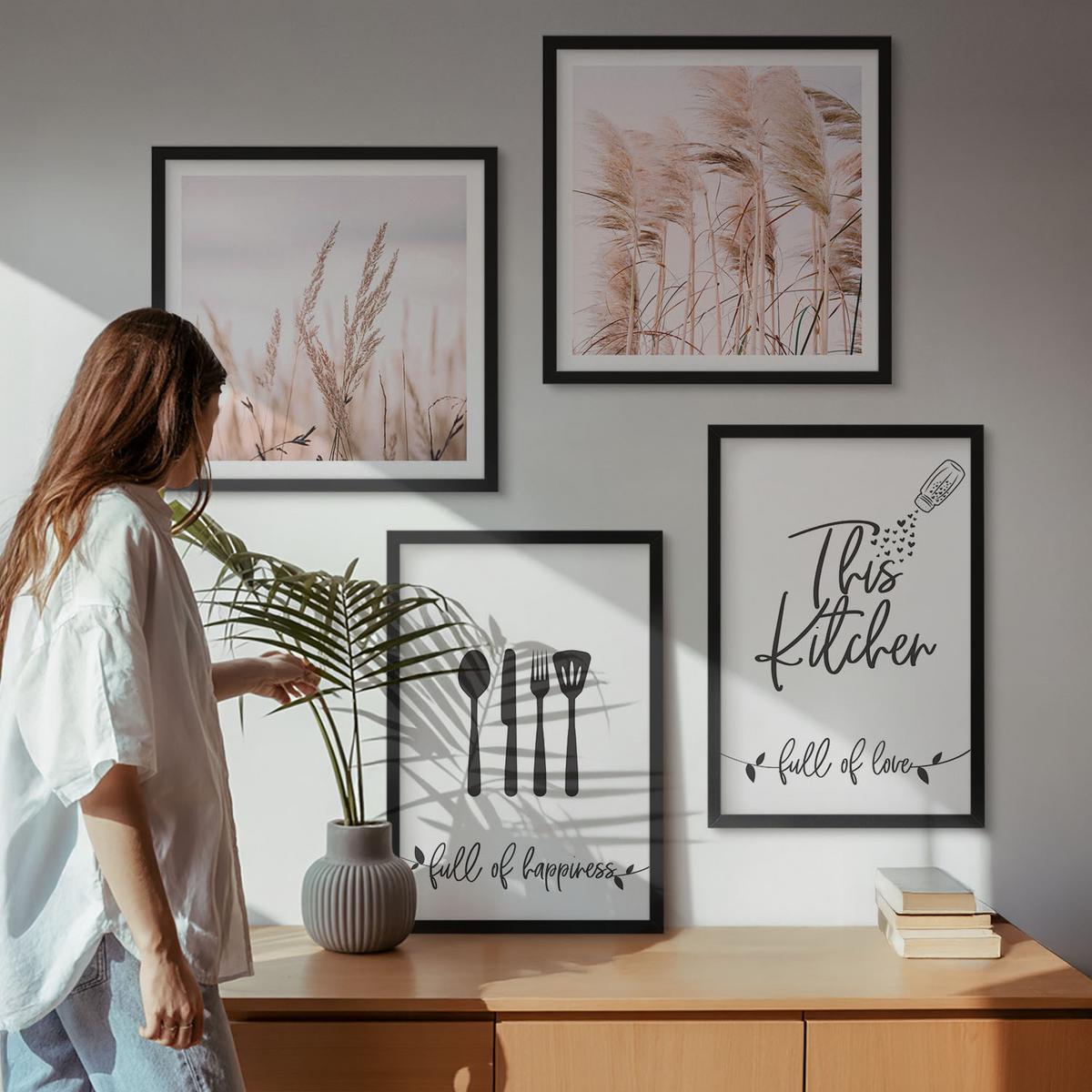 BILDER SET 4er Set - 50x50 cm & 40x60 cm Schwarzer Rahmen - Boho-Küchengras-Schriftzug - Schwarz, Kunststoff (50/50cm) - TULUP