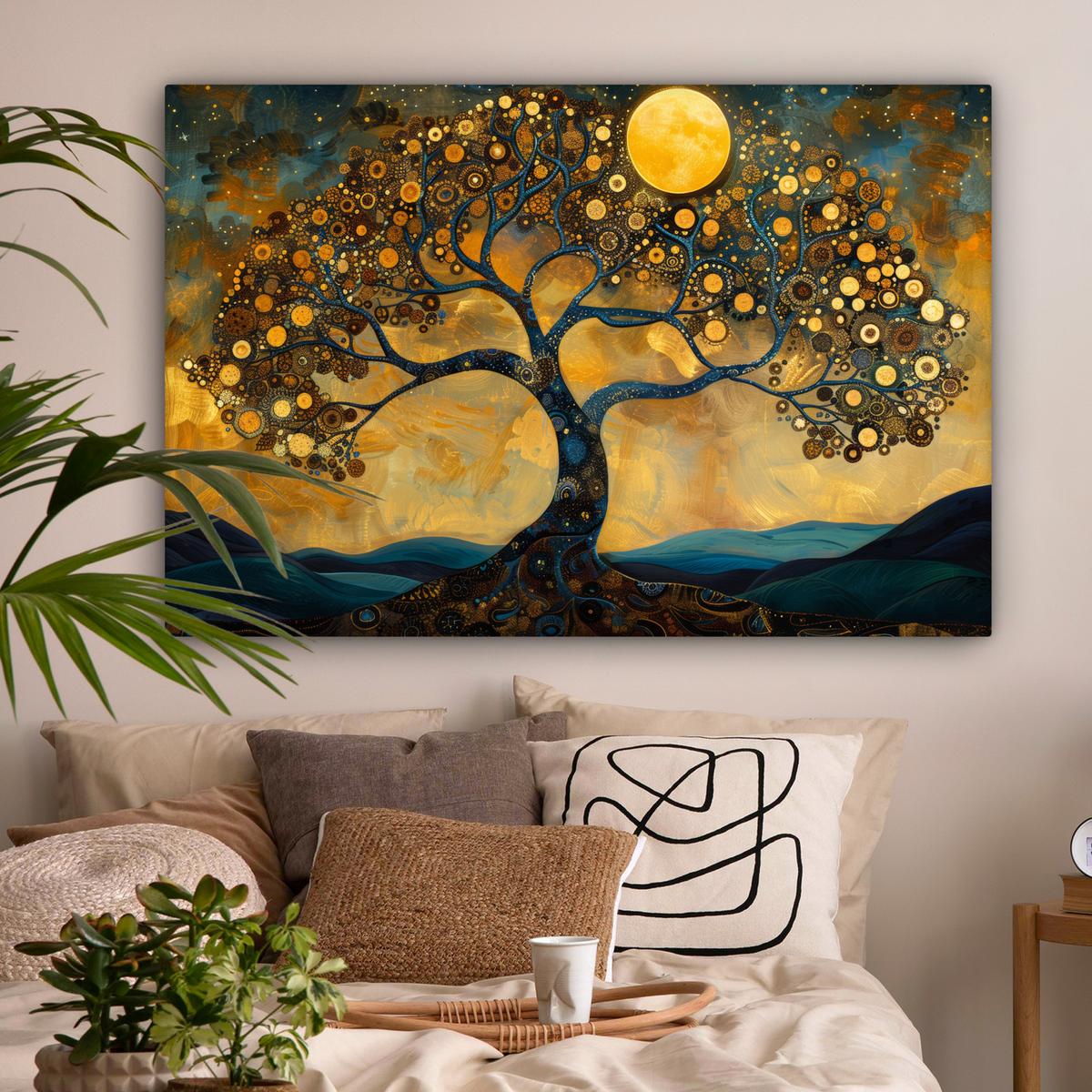 LEINWANDBILD Baum - Mond - Blumen - Gold - Kunst Wohnzimmer Groß 120x80 cm - Orange, Textil (120/80cm) - MuchoWow