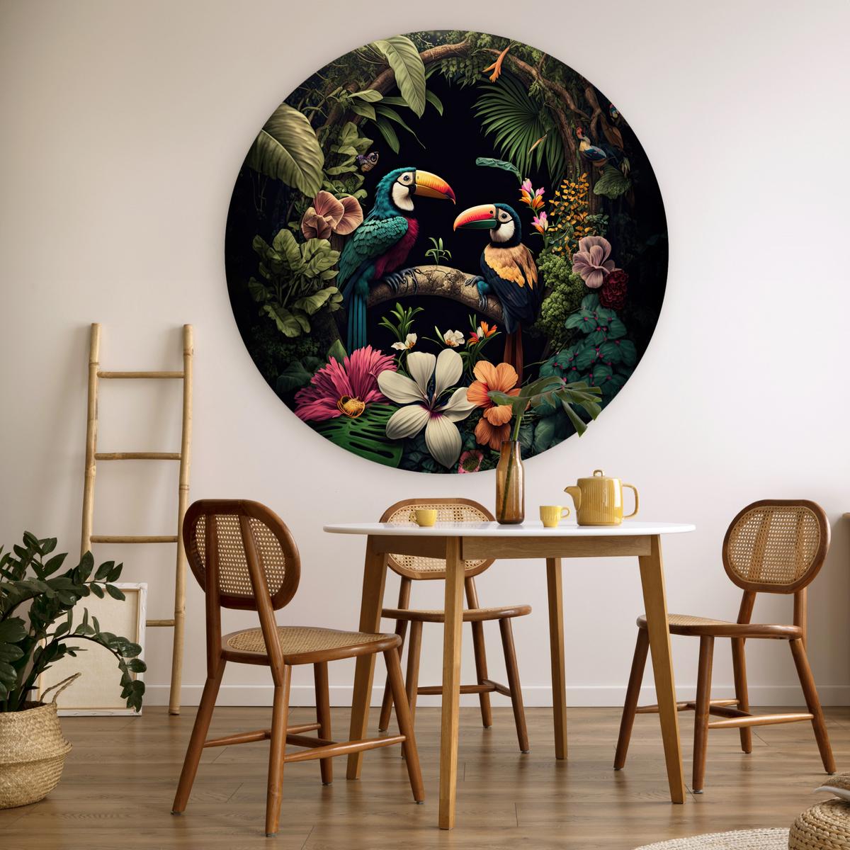 WANDBILD Vogel - Blumen - Pflanzen - Dschungel - Schwarz - Tukan Deko Groß 150x150 cm - Smaragdgrün, Kunststoff (150/150cm) - MuchoWow