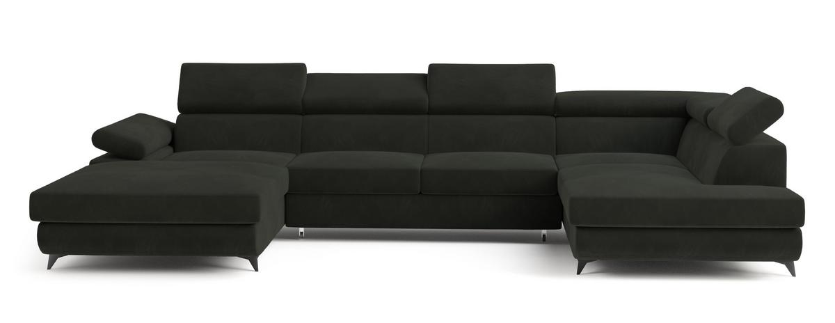 WOHNLANDSCHAFT RUBANO R-S Schwarz Velours-Stoff mit Schlaffunktion - Schwarz, Holz (339/89/190cm) - MASSENO