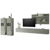 WOHNWAND Salbei grün, Eiche Barista, Wohnkombination Set 5-teilig mit XXL-TV-Schrank 440 cm - Salbeigrün/Eichefarben, Glas/Holzwerkstoff (440/180/40cm) - Furn.Design