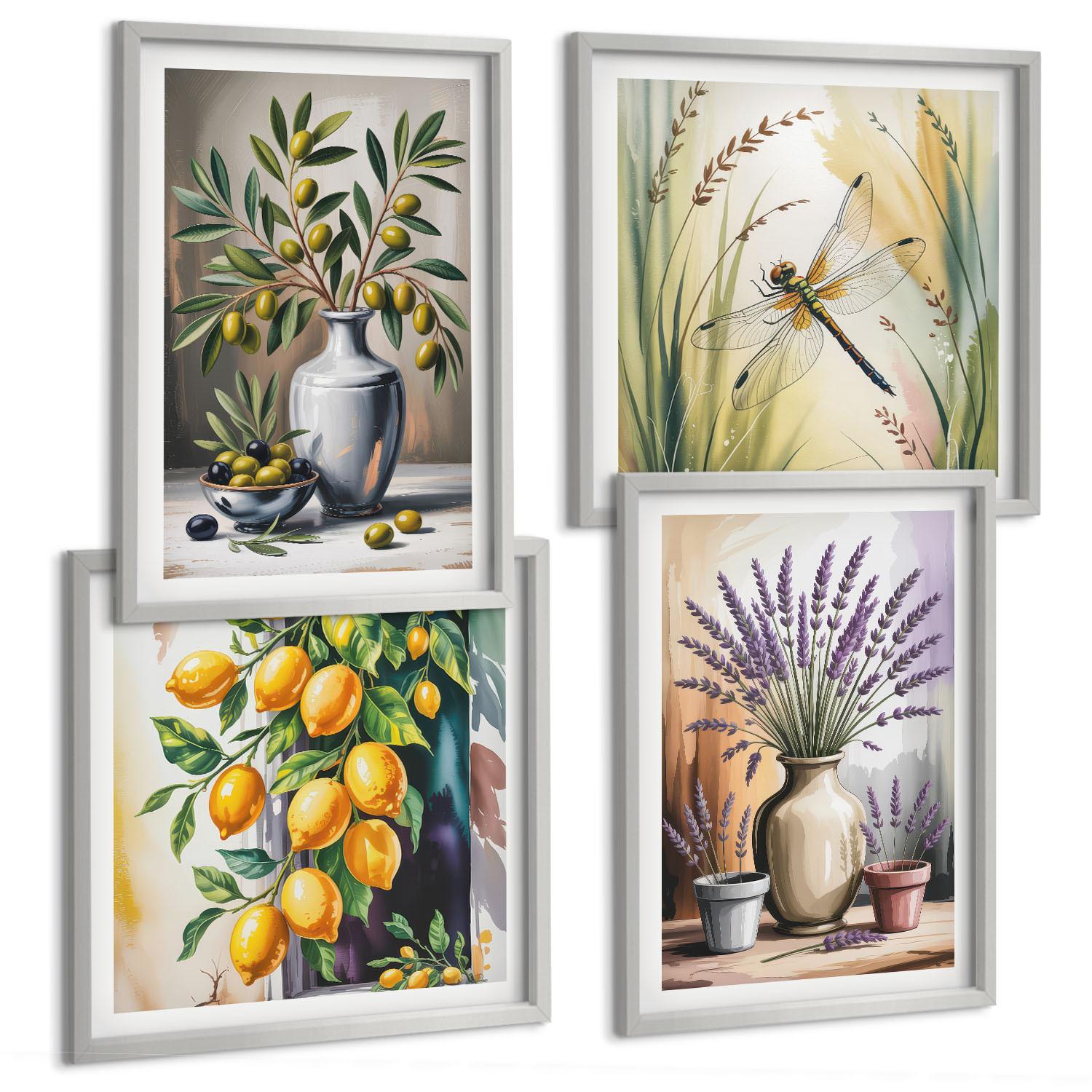 BILDER SET 4er Set - 50x50 cm & 40x60 cm Silberner Rahmen - Olivenblüten in Vasen Natur - Silberfarben, Kunststoff (50/50cm) - TULUP