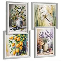 BILDER SET 4er Set - 50x50 cm & 40x60 cm Silberner Rahmen - Olivenblüten in Vasen Natur - Silberfarben, Kunststoff (50/50cm) - TULUP