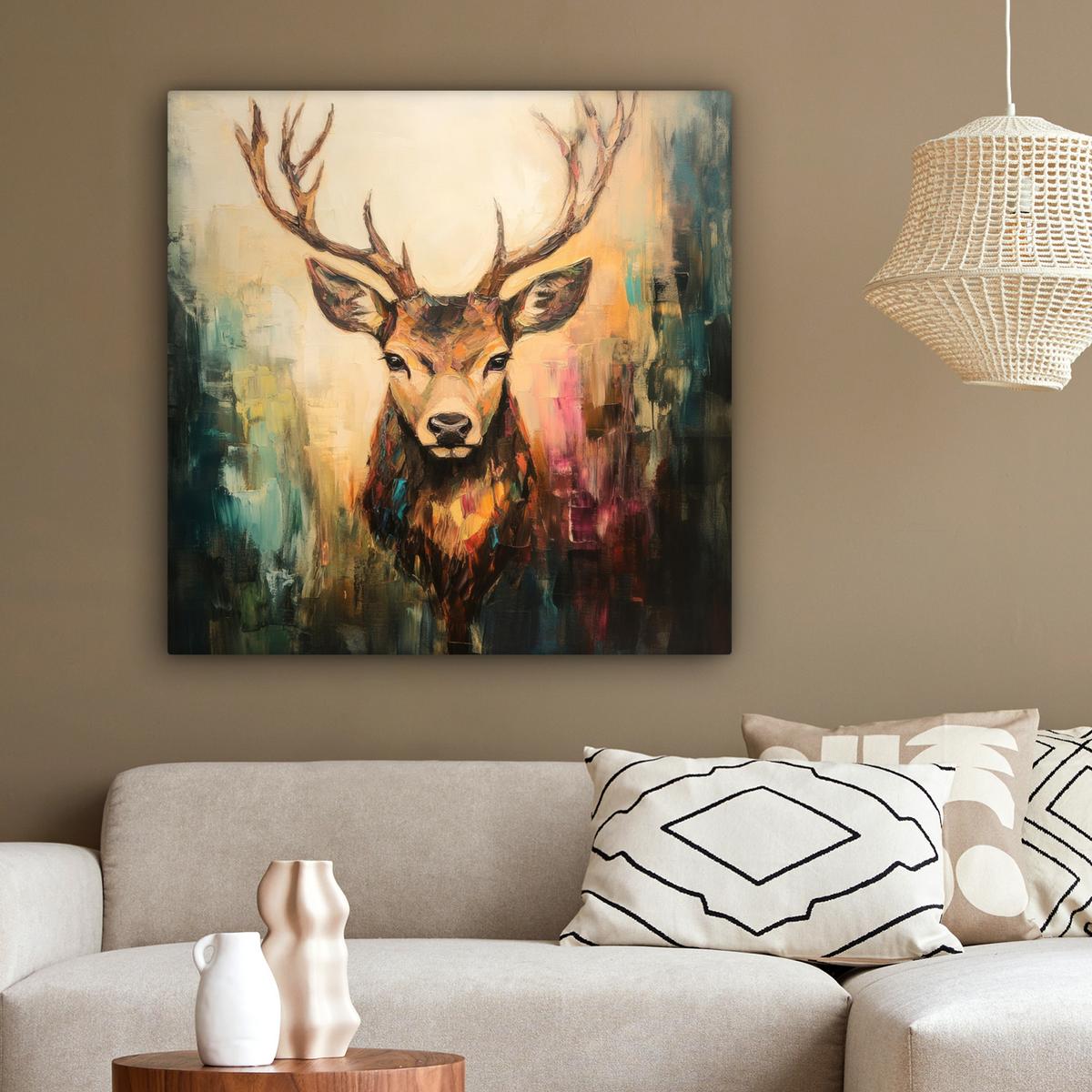 LEINWANDBILD Hirsch - Gemalt - Geweih - Braun Deko Groß 90x90 cm - Haselnussfarben, Textil (90/90cm) - MuchoWow