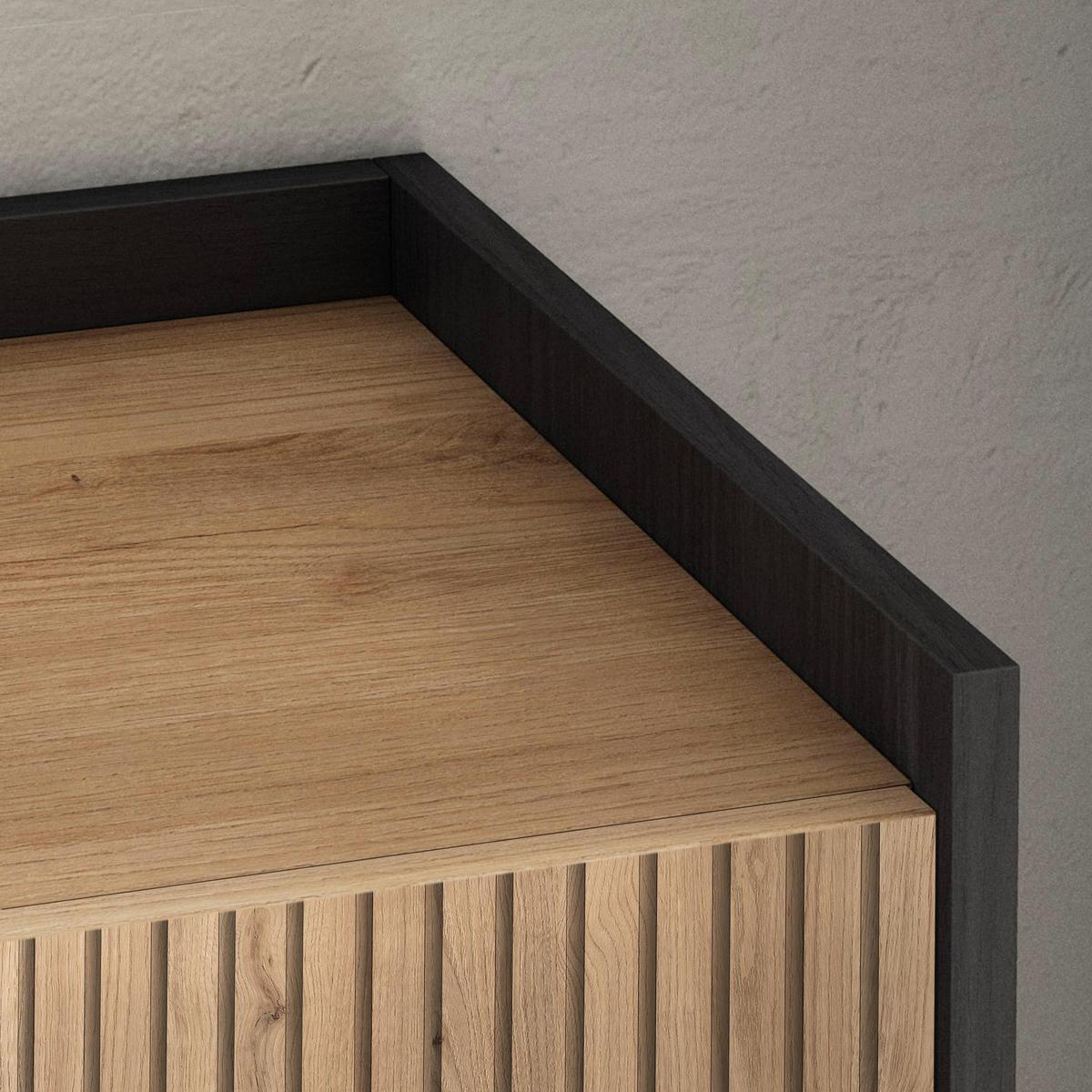 LOWBOARD, Eiche und Schwarz, 207/37/50cm, Elektrokamin. - Eichefarben, Holzwerkstoff (207/50/37cm) - Skraut Home