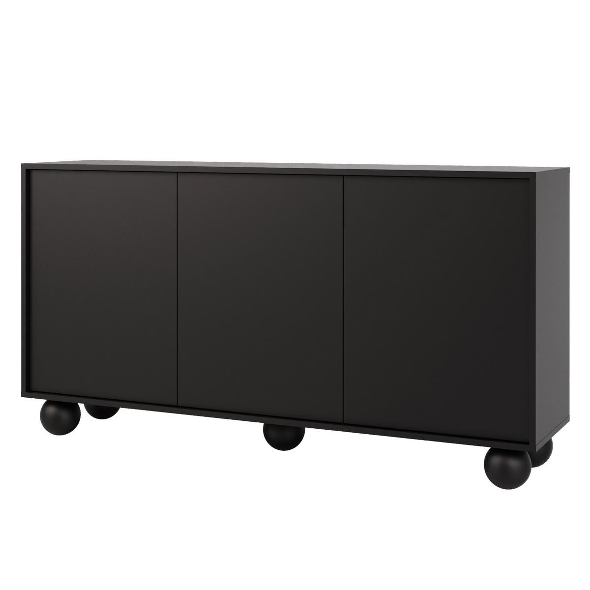 KOMMODE Adel mit 3 Türen und runden Füßen, 154 cm, Griffloss, Schwarz - Schwarz, Holzwerkstoff (154/81/38cm) - Beautysofa