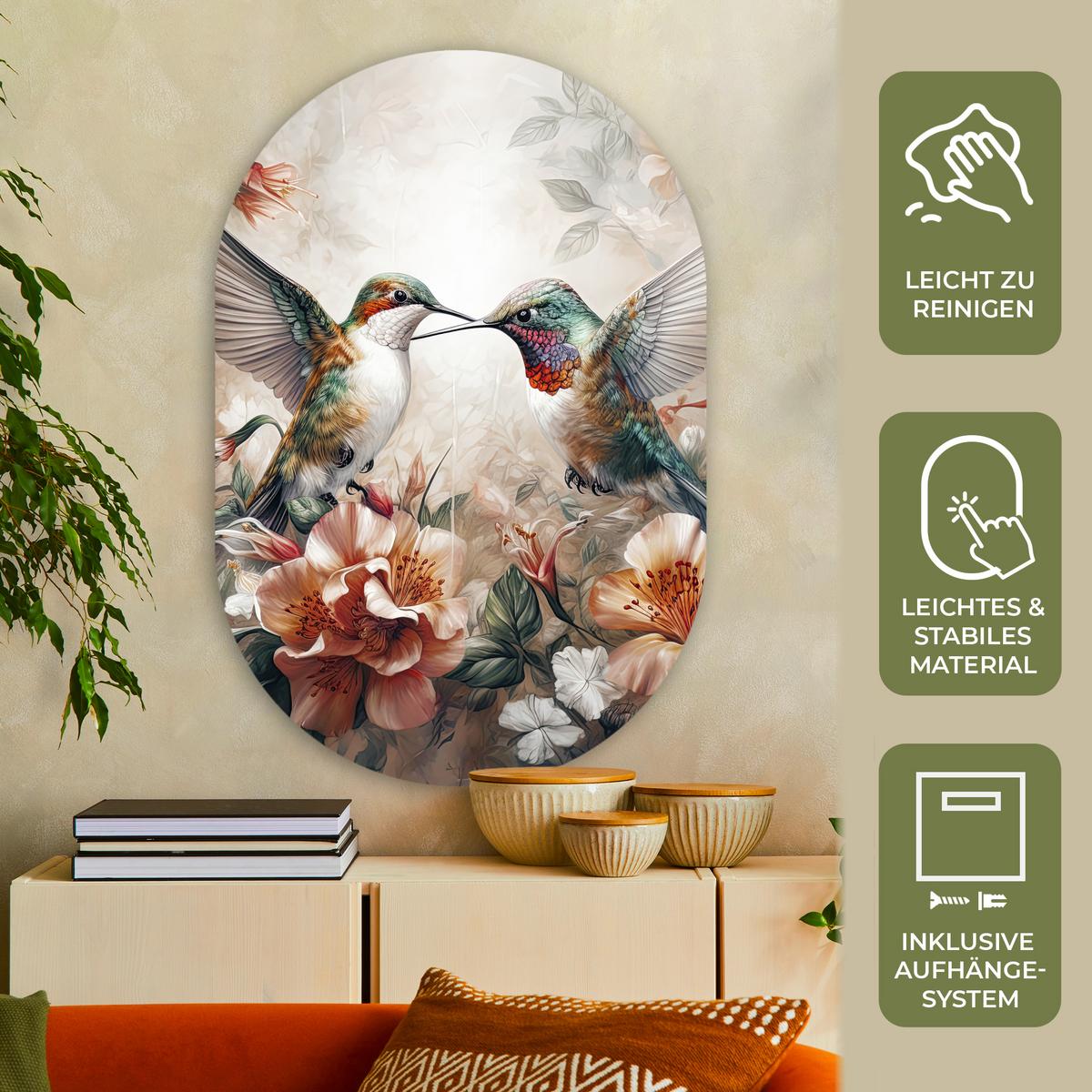 WANDBILD Kolibri - Vögel - Blumen - Natur Deko Groß 80x120 cm - Altrosa, Kunststoff (80/120cm) - MuchoWow