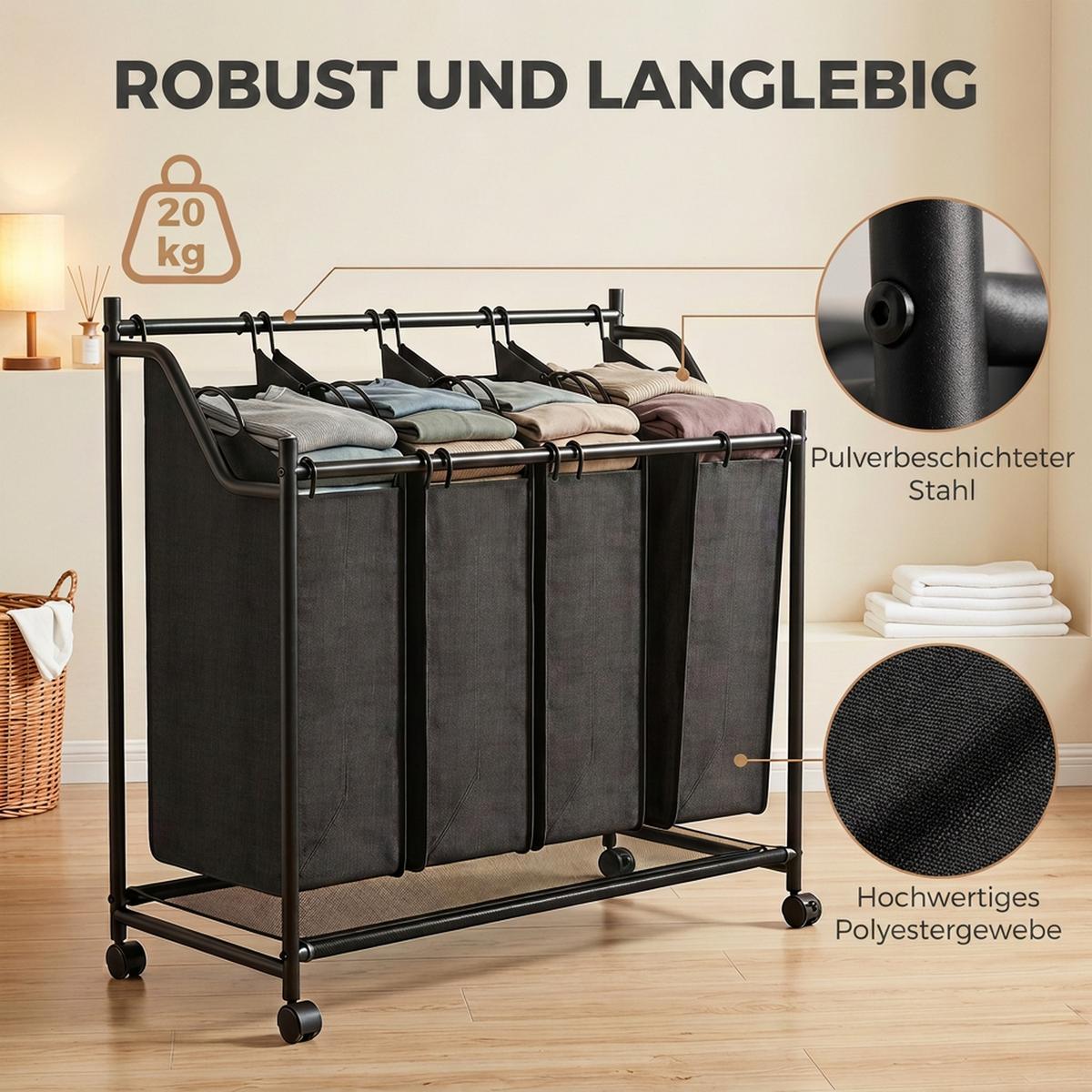 WÄSCHESAMMLER 4er Set Stahl Polyestergewebe Schwarz - Schwarz, Kunststoff/Textil (38/82/86cm) - HOMCOM