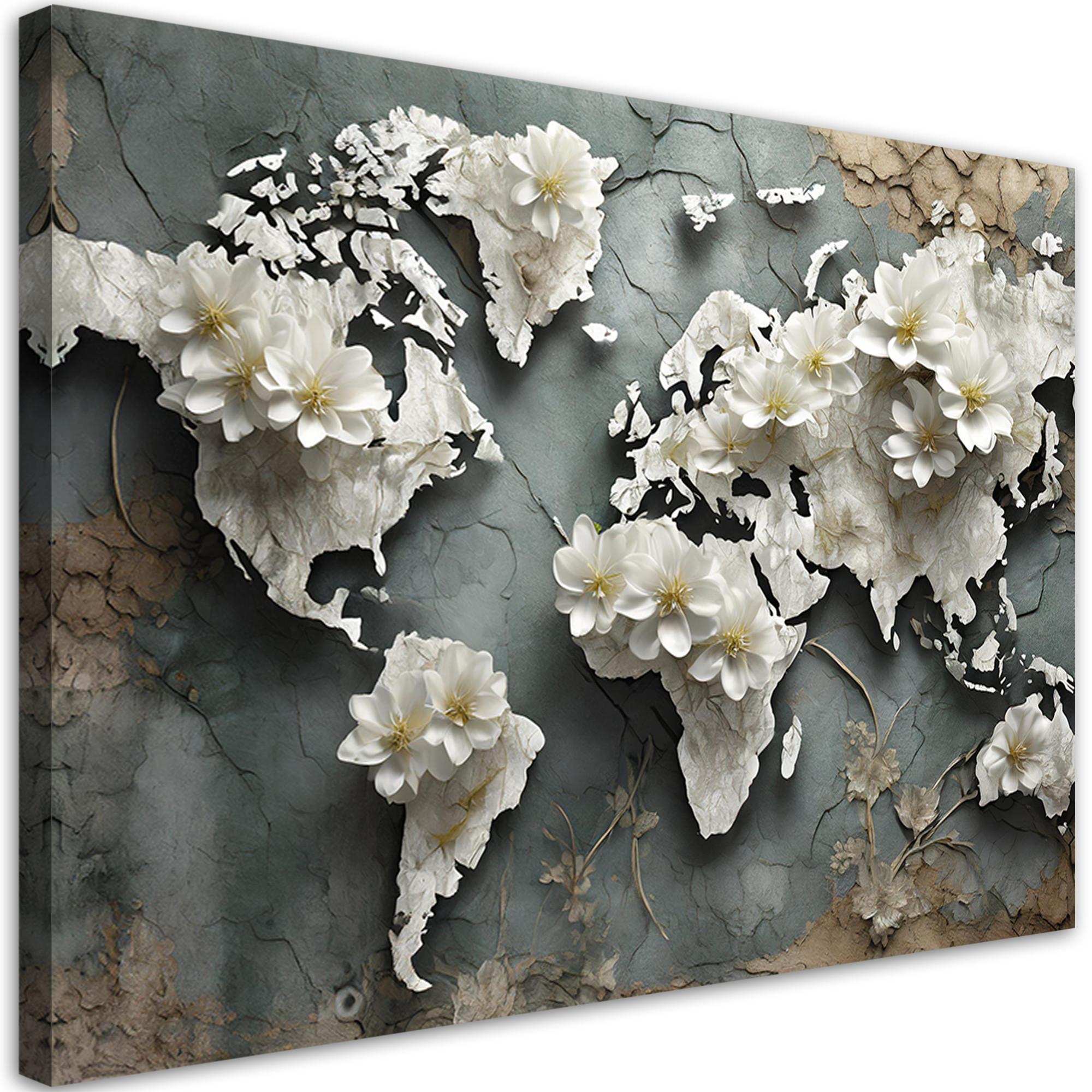 WANDBILD weltkarte blumen retro - Weiß, Textil (60/40cm) - Feeby