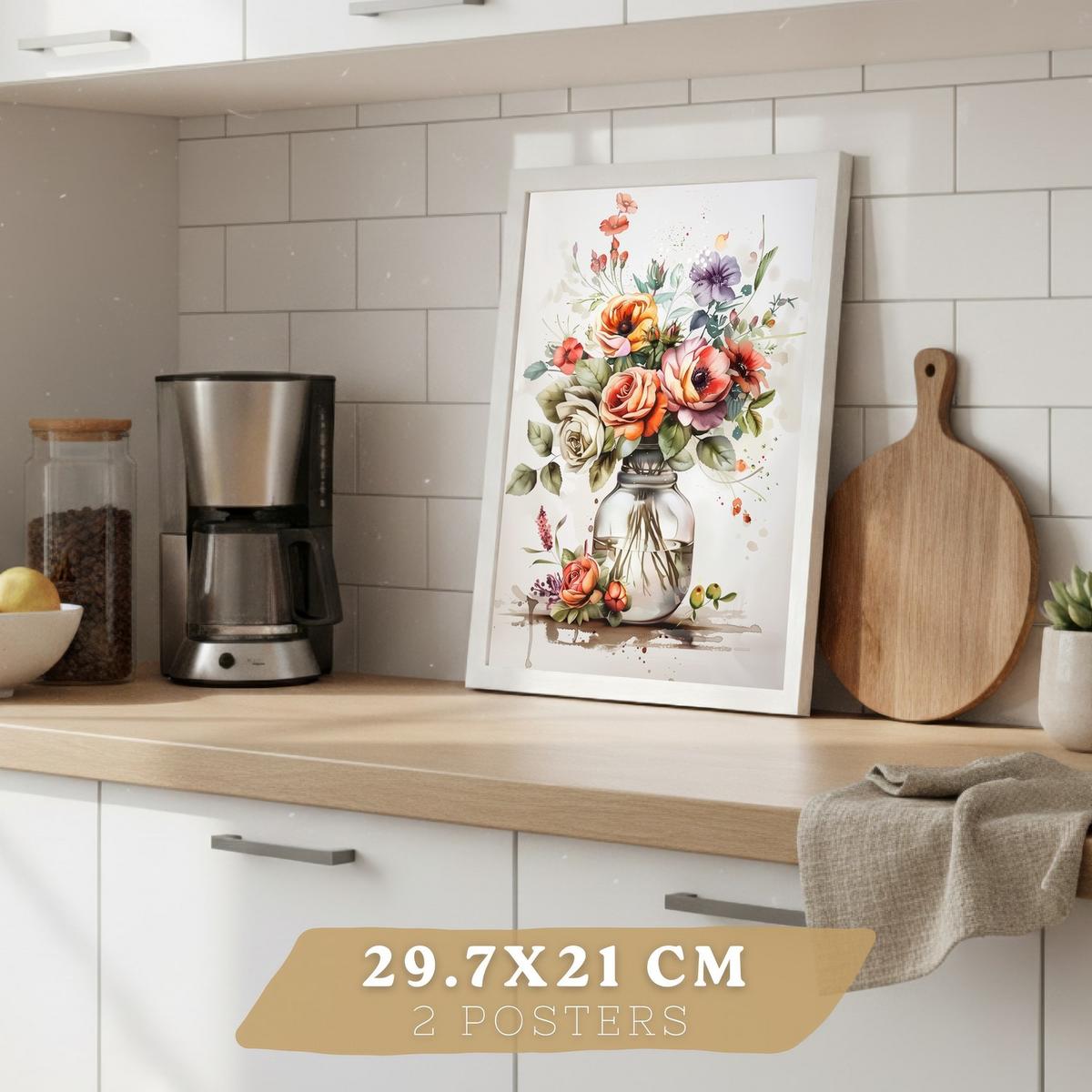 POSTER 4er Set Blumen Küchen-Wandbilder Gießkanne Vase Utensilien Botanisches Aquarell Wohnzimmer Deko Weißer Rahmen A4 - Weiß, Papier (29.7/1/21cm) - Nacnic