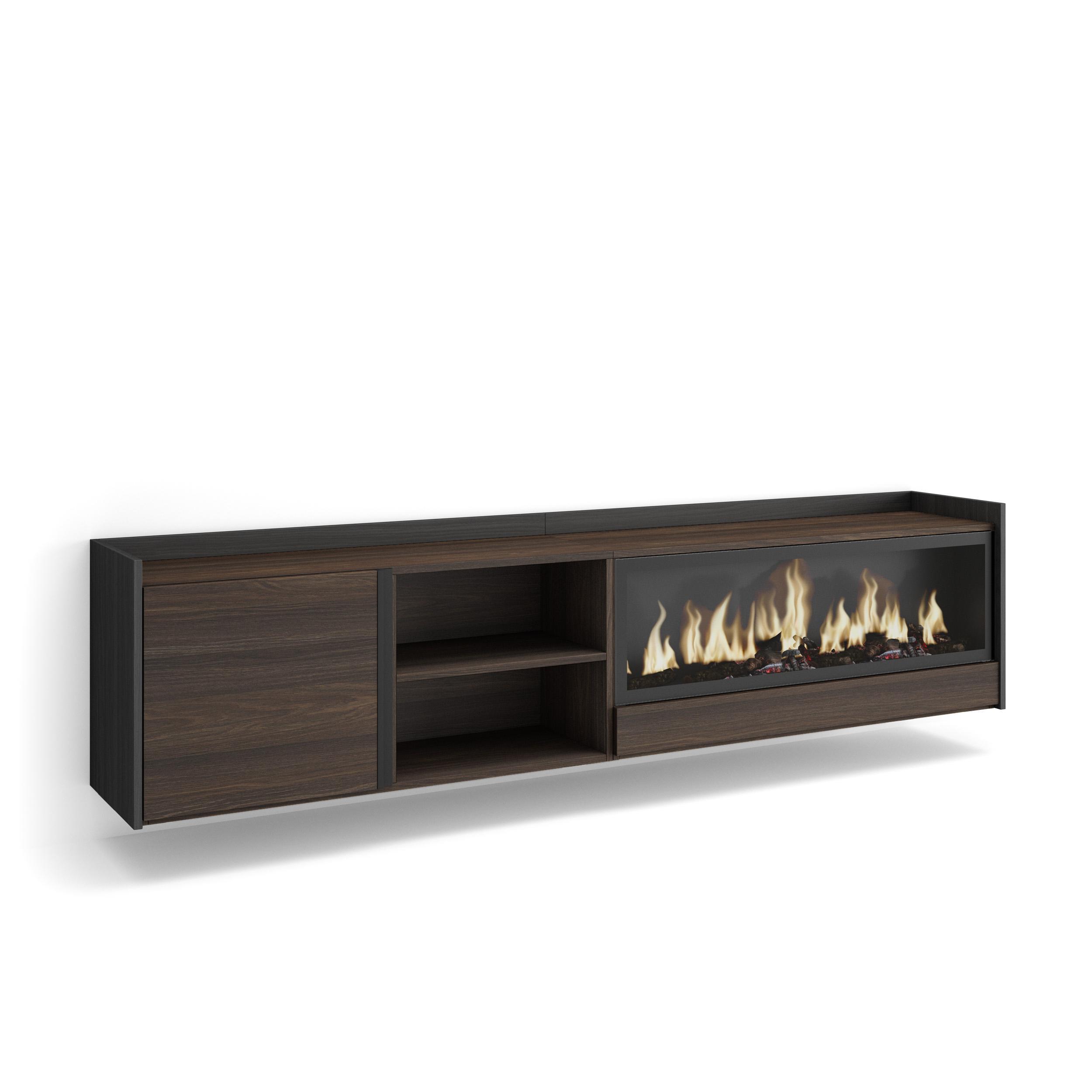 LOWBOARD, Eiche und Schwarz, 212/35/50cm, Kamin mit Feuereffekt XXL - Dunkelbraun, Holzwerkstoff (212/50/35cm) - Skraut Home