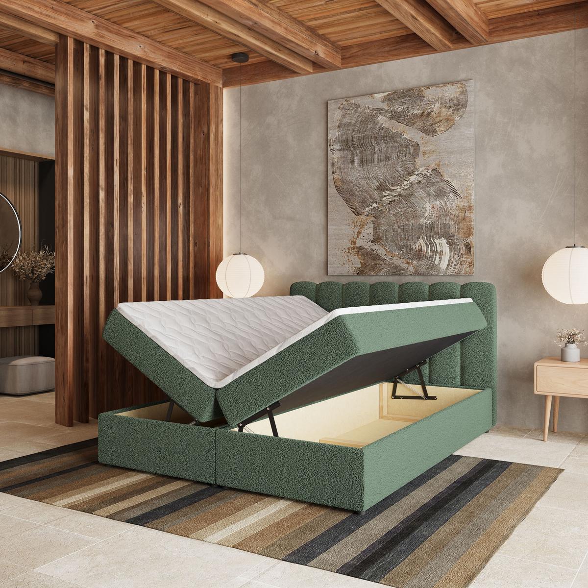 BOXBETT SOLIA 160x200 cm mit Matratze und Topper, H2+H3 - Grün - Grün, Holz (160/200cm) - MASSENO
