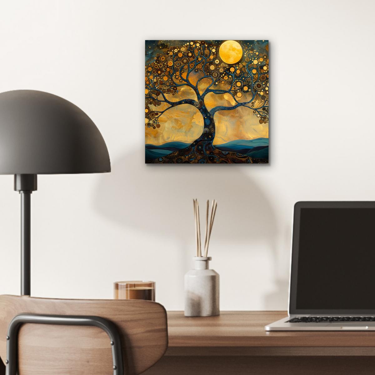 METALLBILD Baum - Mond - Blumen - Gold - Kunst 20x20 cm - Orange, Metall (20/20cm) - MuchoWow