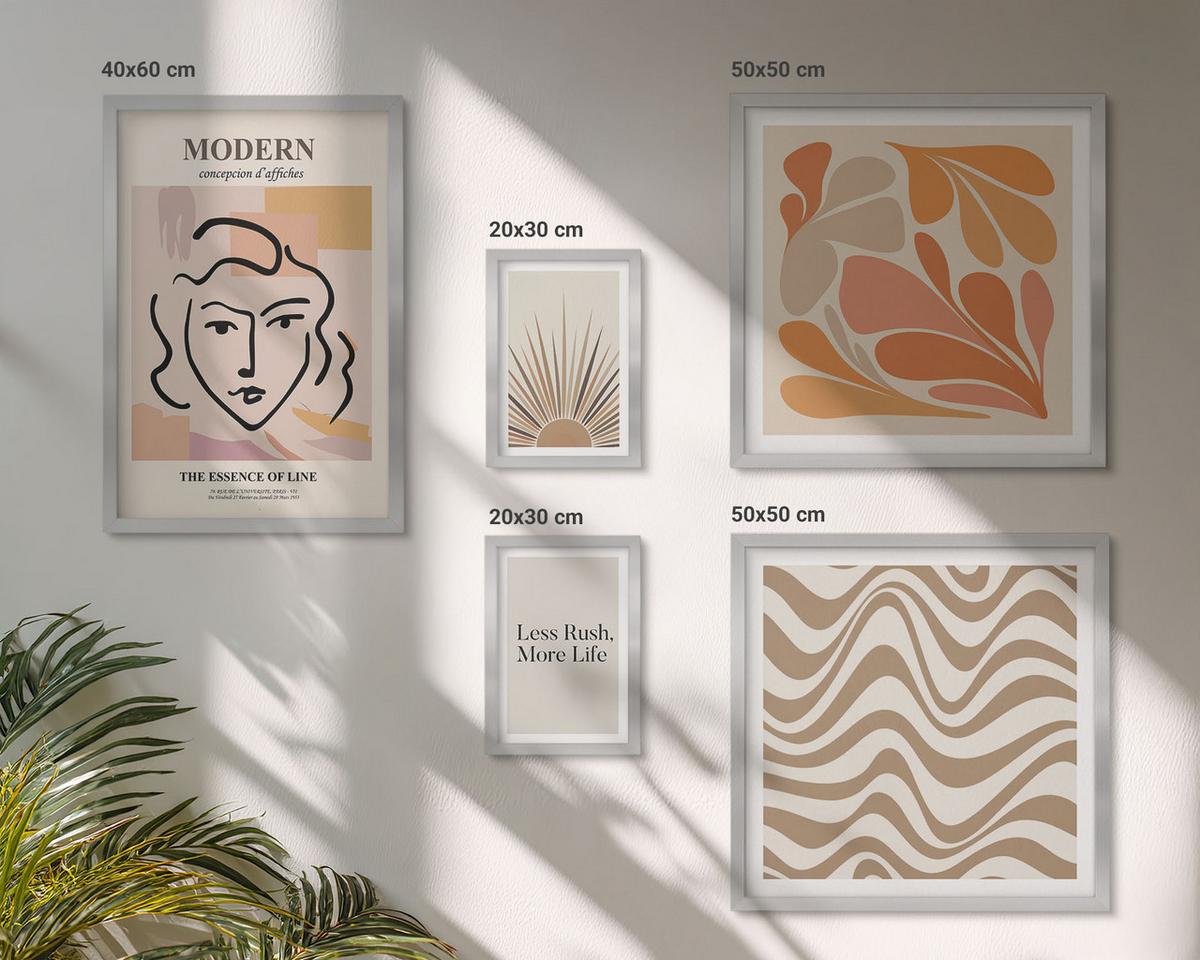 BILDER SET 5er Set - 50x50 cm & 20x30 cm & 40x60 cm Silberner Rahmen - Sonnen-Boho-Pastelltönen - Silberfarben, Kunststoff (40/60cm) - TULUP