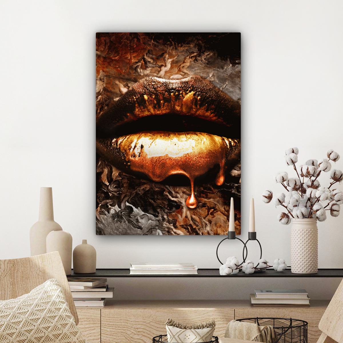LEINWANDBILD Gold - Lippen - Kunst - Gold - Luxus - Abstrakt Wandbild Wohnzimmer 60x80 cm - Kupferfarben, Textil (60/80cm) - MuchoWow