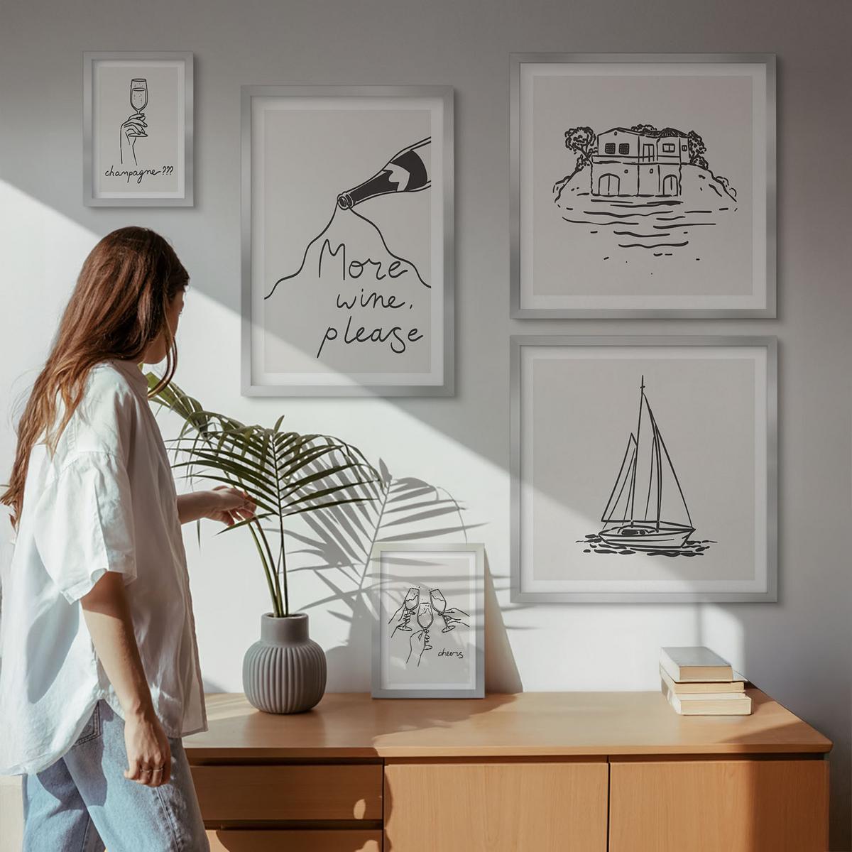 BILDER SET 5er Set - 50x50 cm & 20x30 cm & 40x60 cm Silberner Rahmen - Fröhliche Momente mit Champagner - Silberfarben, Kunststoff (40/60cm) - TULUP