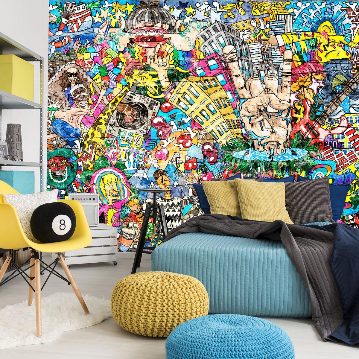 FOTOTAPETE für Jugendzimmer Buntes Graffiti Streetart Bunt 250x175 - Türkis/Gelb, Papier (250/175cm) - Muralo
