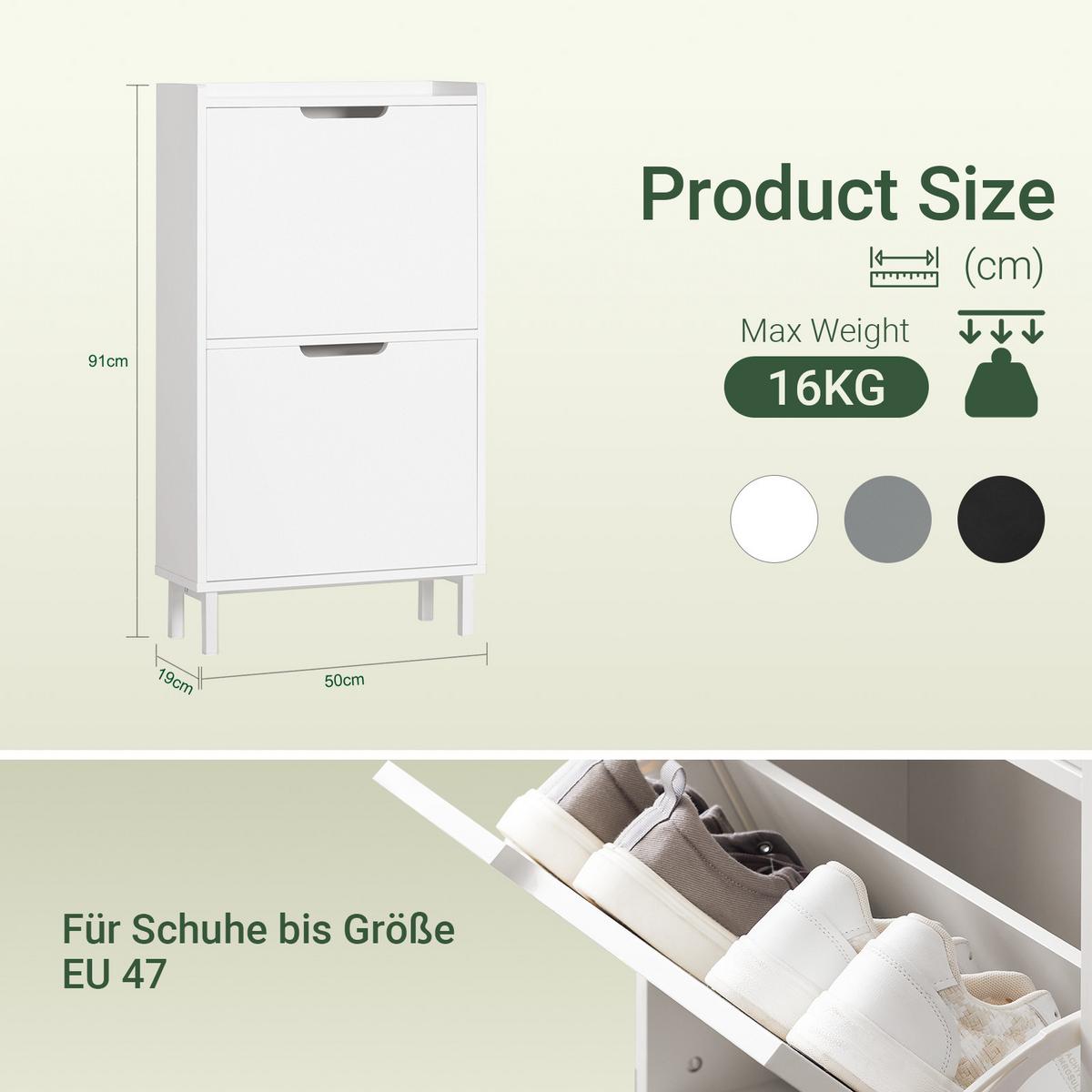 SCHUHSCHRANK Weiß, nur 19 cm tief, ca. 0,1 m² Stellfläche, 2 Klappen für je 2 Paar, bis 28,5 cm Schuhlänge, erweiterbar zur Schuhwand - Weiß, Holzwerkstoff/Metall (50/91/19cm) - SoBuy