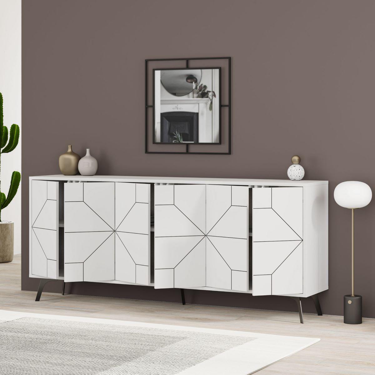 SIDEBOARD mit 6 dekorierten Türen L184 cm - Dune - Weiß, Holzwerkstoff (35/77.4/9cm) - Calicosy