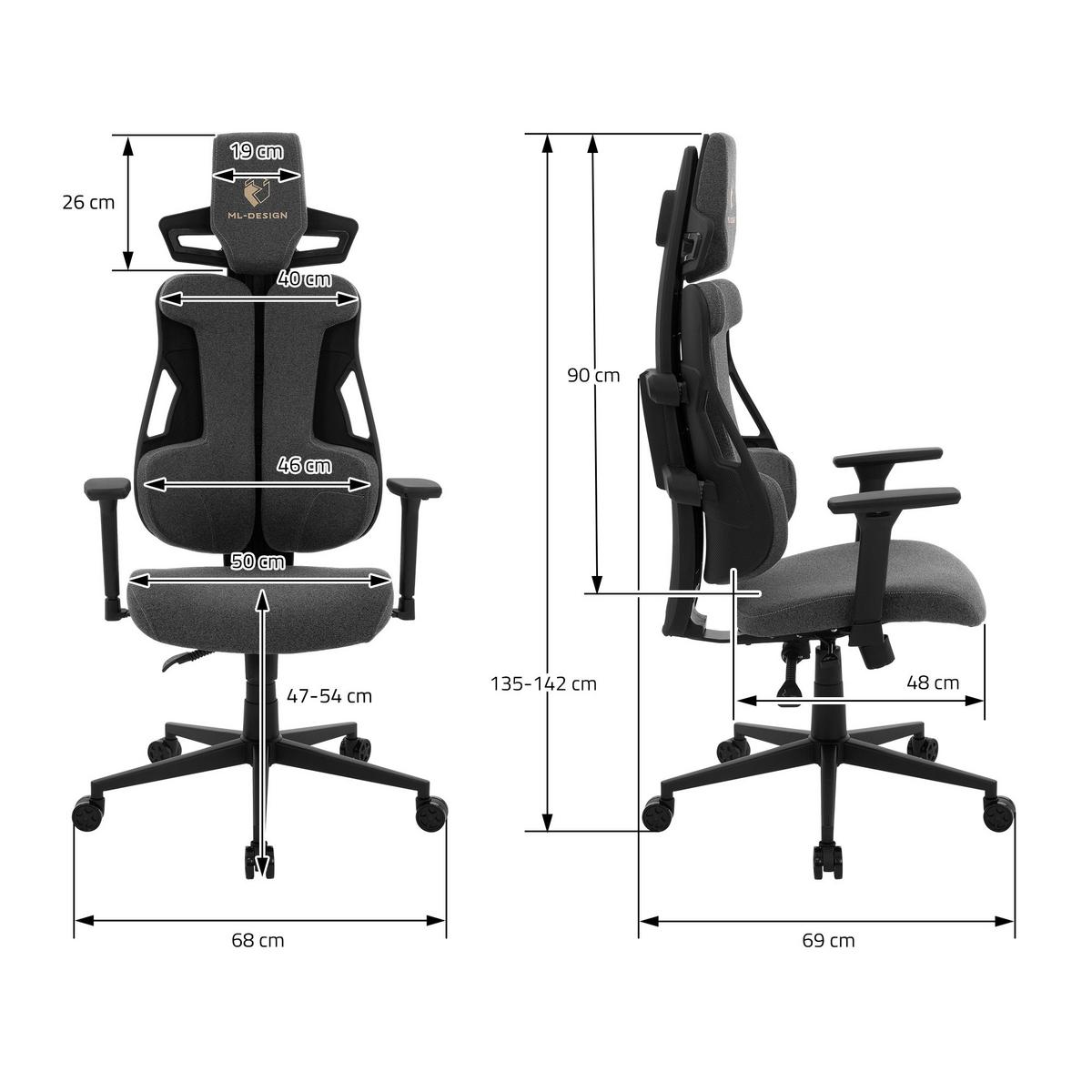 GAMINGSTUHL mit Stoffbezug in Grau Individuell Einstellbar - Schwarz/Grau, Kunststoff/Textil (69/142/68cm) - ML-DESIGN