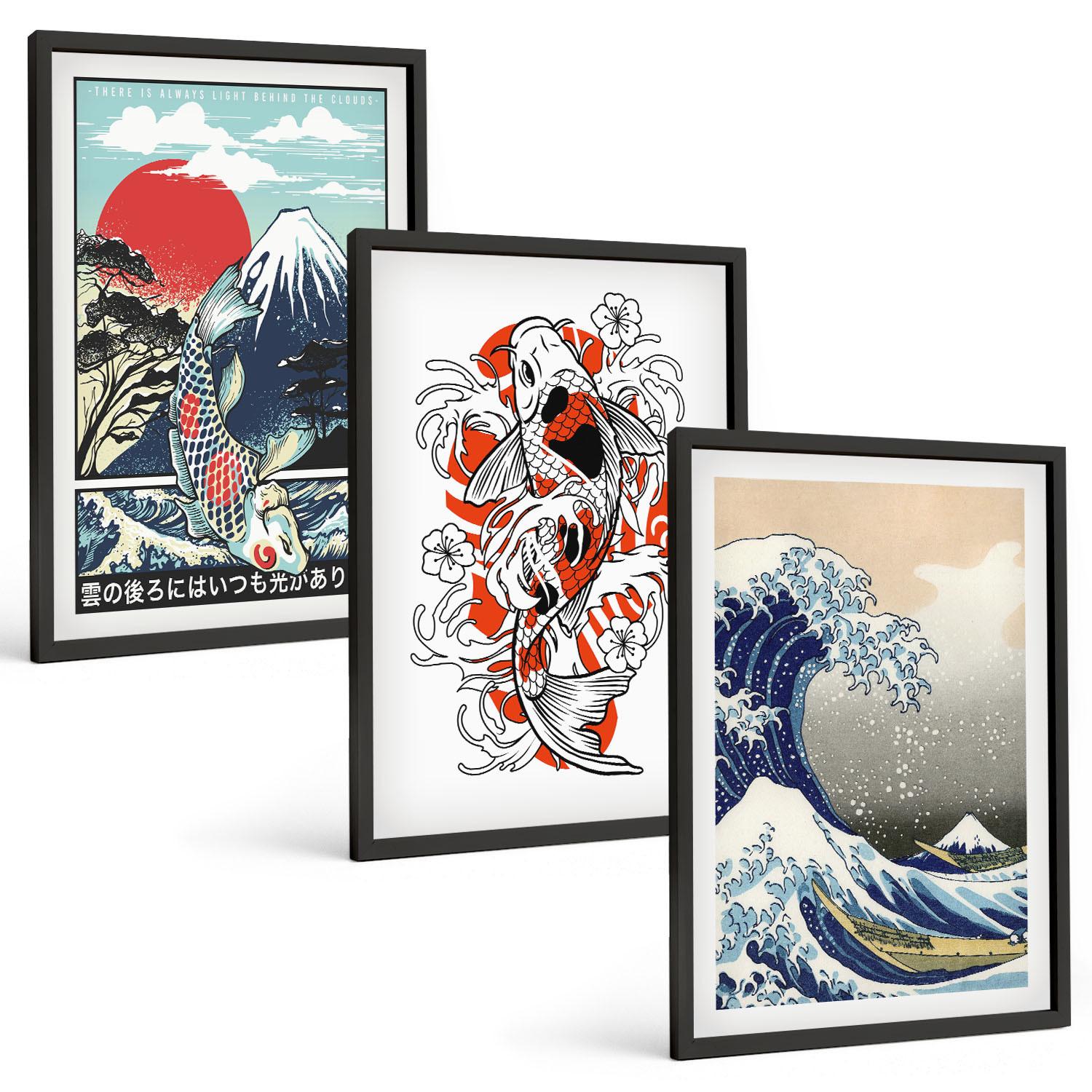 BILDER SET 3er Set - 40x60 cm Schwarzer Rahmen - Berge von Fischen Große Welle Japan - Schwarz, Kunststoff (40/60cm) - TULUP