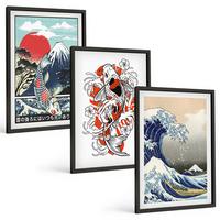 BILDER SET 3er Set - 40x60 cm Schwarzer Rahmen - Berge von Fischen Große Welle Japan - Schwarz, Kunststoff (40/60cm) - TULUP