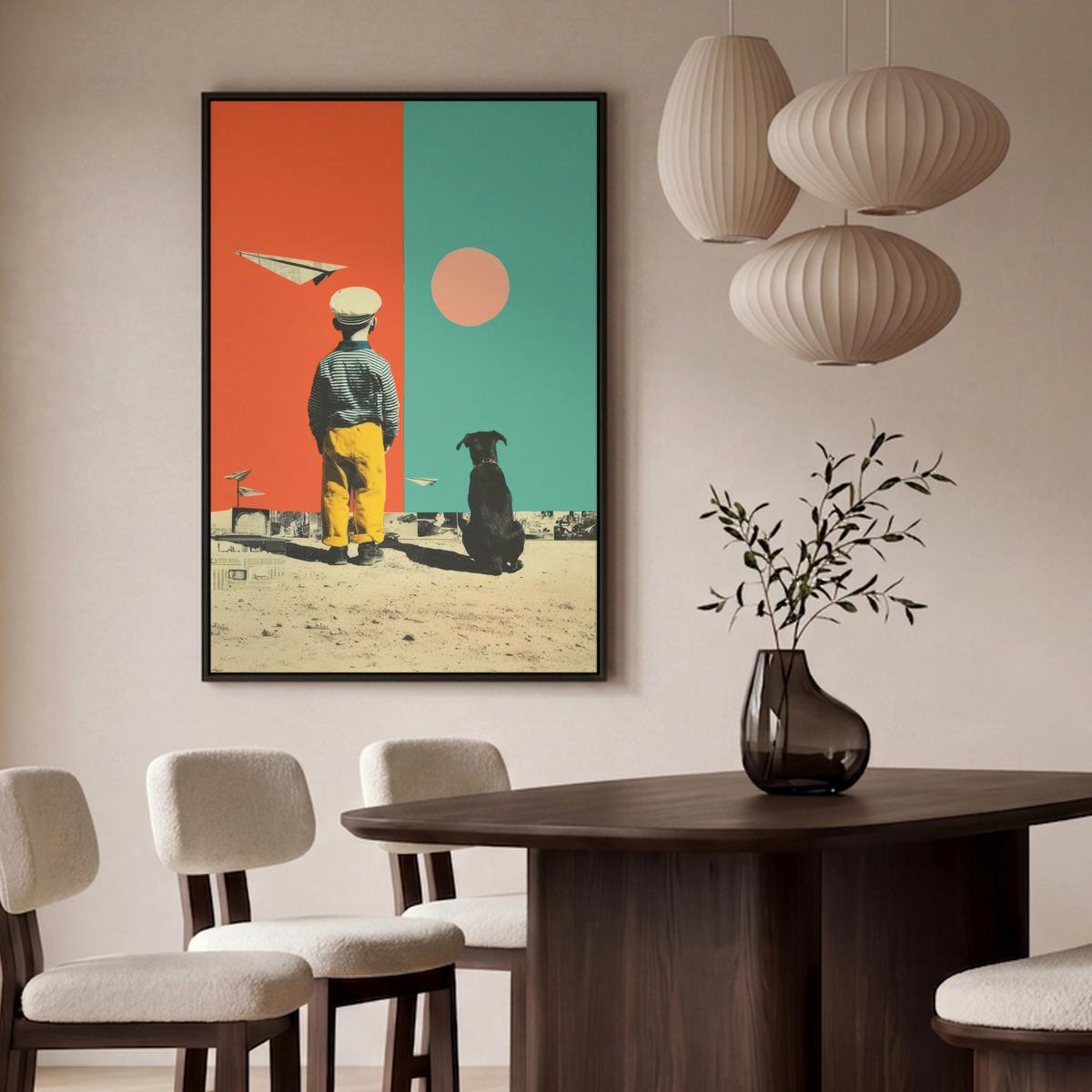 LEINWAND Bilder mit Rahmen - Retro - Junge - Hund - Rot - Grün - 80x120 - Orange, Textil (80/120cm) - MuchoWow