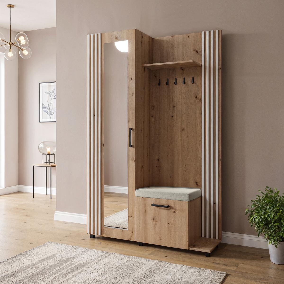 GARDEROBENSCHRANK ARMADIO 137/207/42 cm Modern Garderobe-Set Eiche Artisan - Weiß/Eiche Artisan, Holzwerkstoff (137/207/42cm) - MASSENO