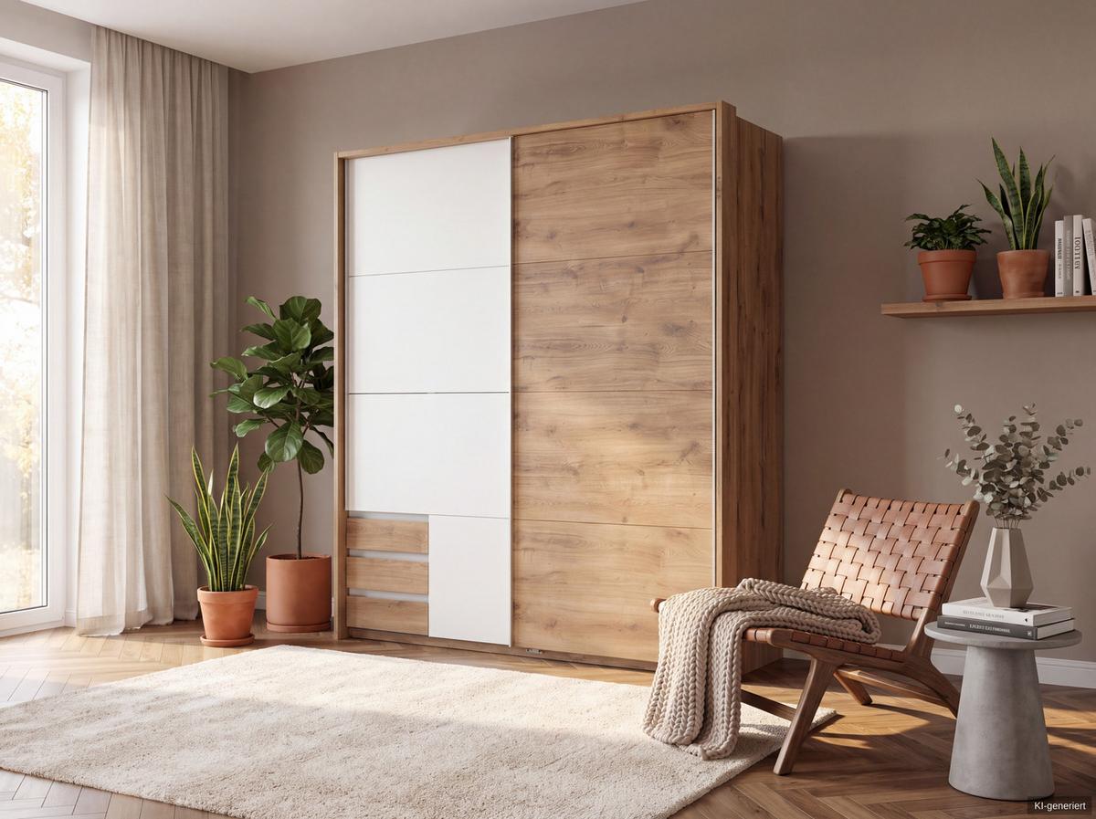 SCHWEBETÜRENSCHRANK 2-türig B183/H200/T65 cm, Passepartout-Kleiderschrank mit sichtbaren Schubkästen in Eiche Dekor, 1x Tür in Weiß / 22698 - Eichefarben/Alufarben, Holz/Holzwerkstoff (183/200/65cm) - luma-home
